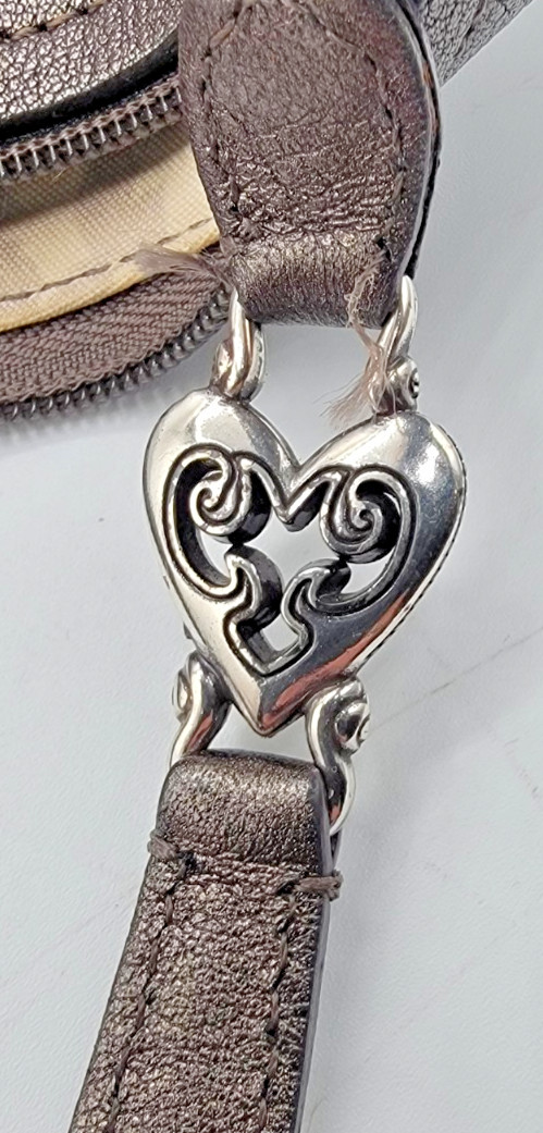 Brighton Nikki Grey Brown Leather Lace Applique Heart Charm Shoulder Purse Bag
