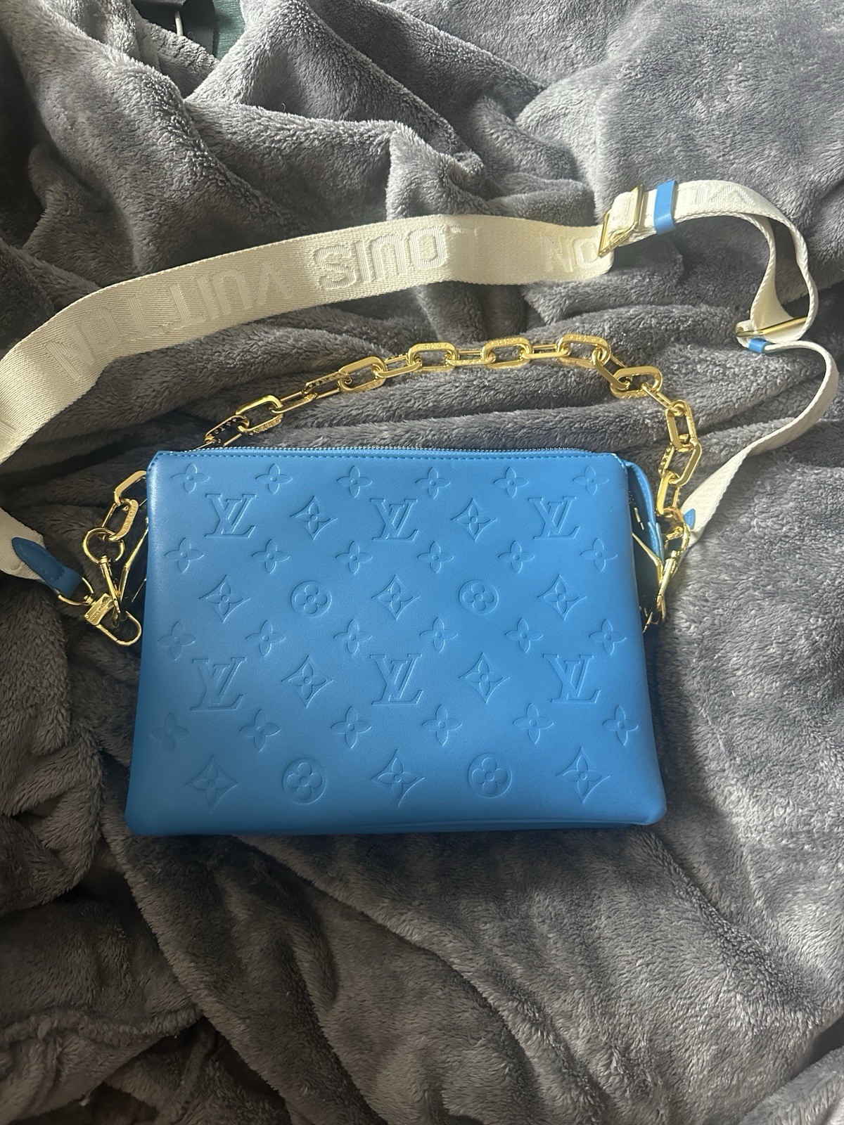 Louis Vuitton Blue Embossed Monogram Crossbody Zip Pouch Gold Chain Strap