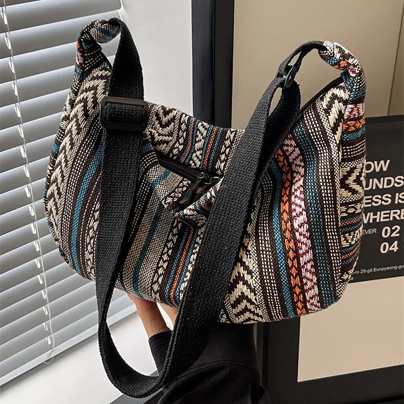 Foldable Tribal Crossbody Bag Striped Pattern Casual Shoulder Travel Handbag