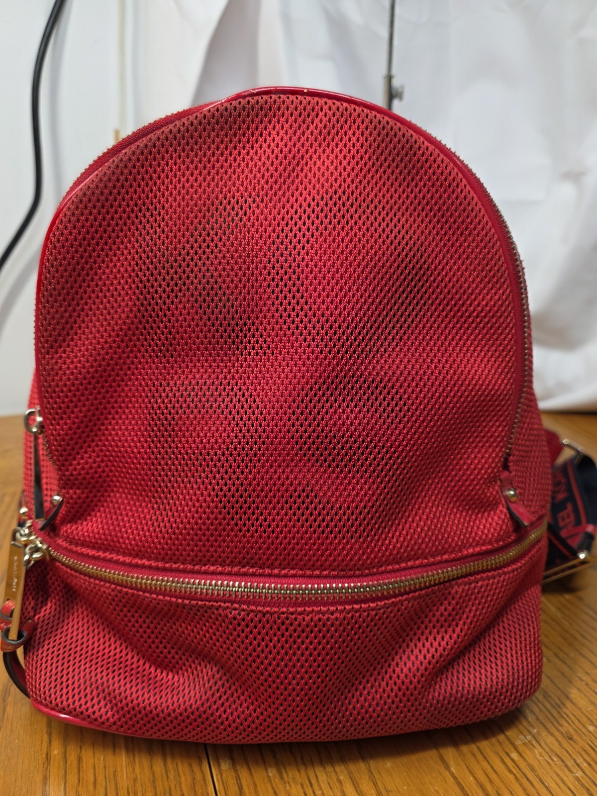 Michael Kors Rhea Zip Backpack Logo Front Polyester Bag Bright Red Gold