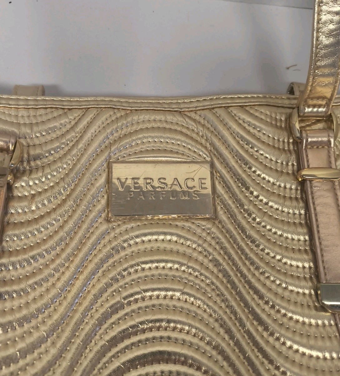 Versace Parfums Gold Ribbed Magnetic Clasp Weekender Travel Tote Large Bag