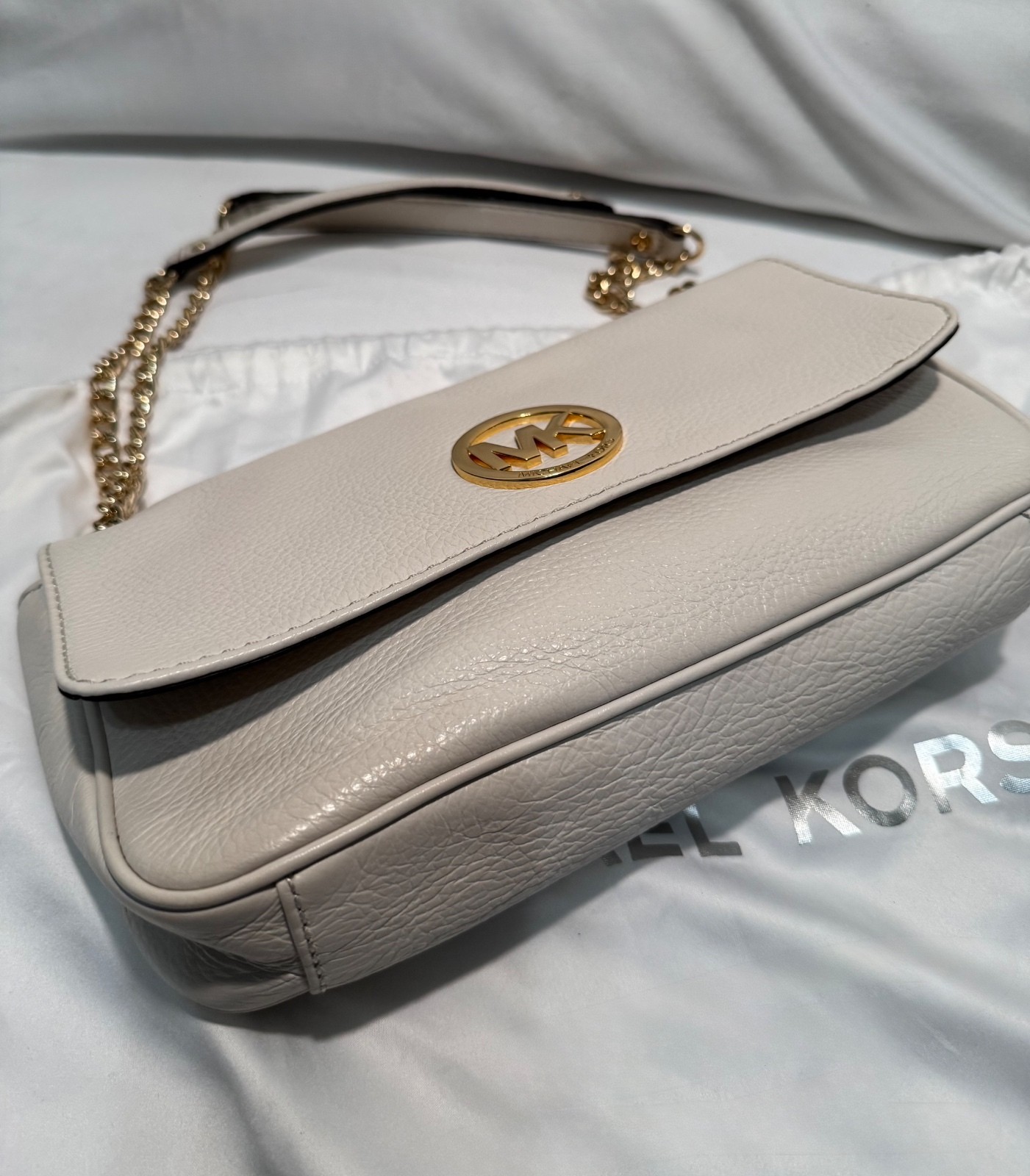 Michael Kors Fulton Small Flap Vanilla Leather Chain Shoulder Bag NWOT