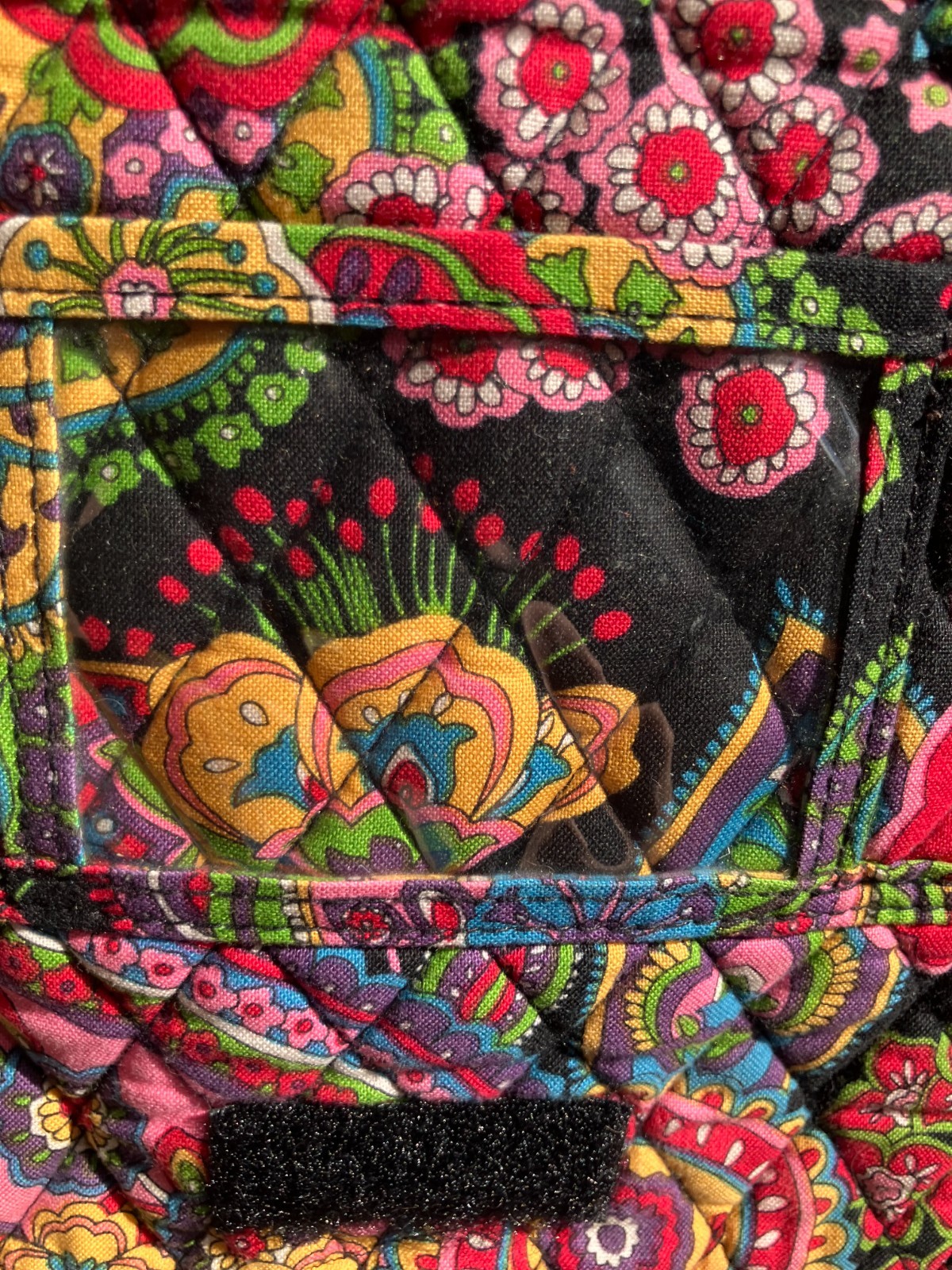 Vera Bradley small bag. Dramatic red on black, front flap, I.D, clear pocket