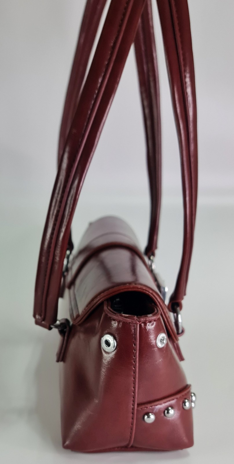 Burgundy Patent Look Shoulder Bag Silver Stud Buckle East West Baguette Purse Ne