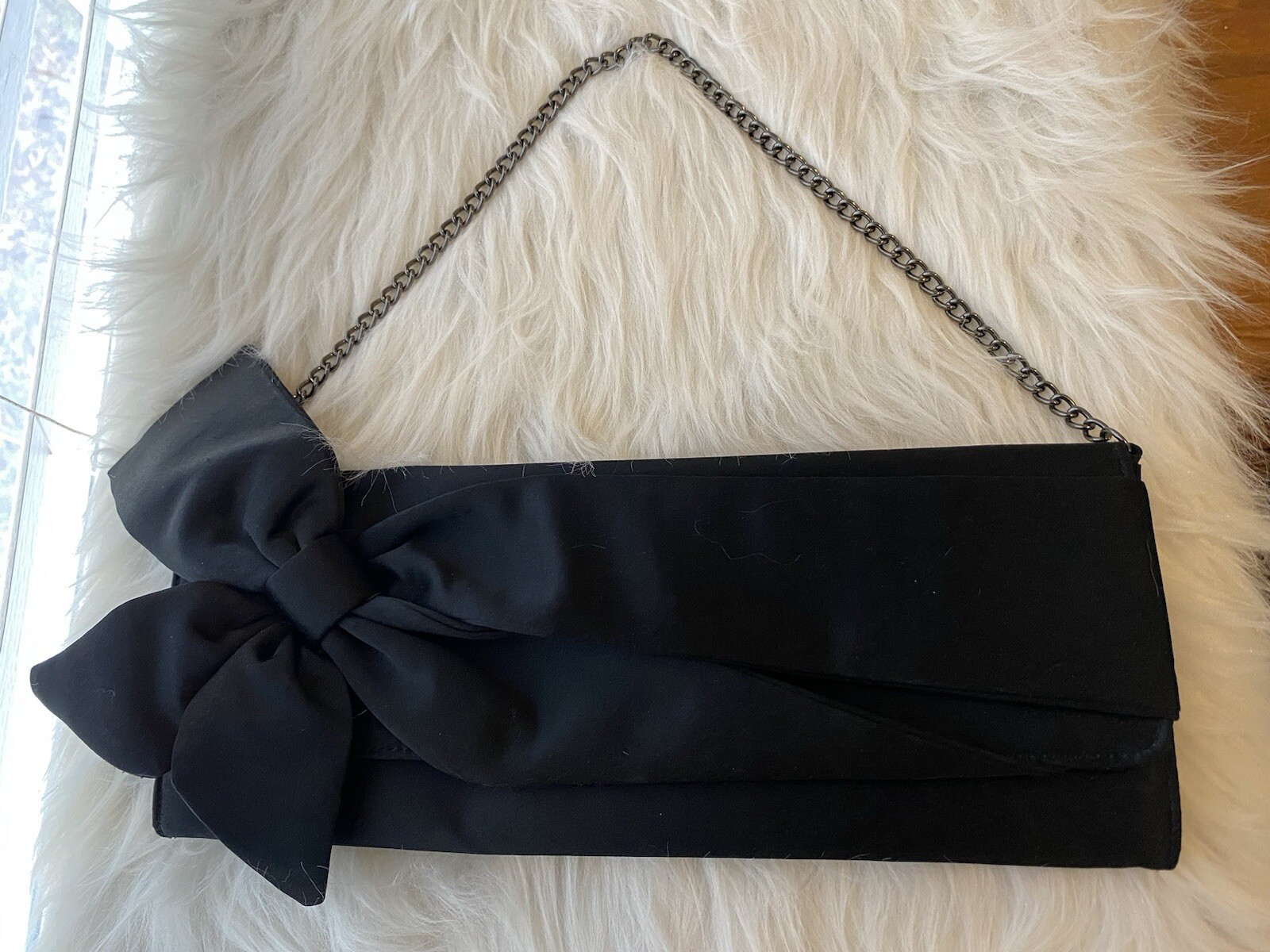 White House Black Market Black Satin Clutch Purse Bow Accent Chain Strap NWT
