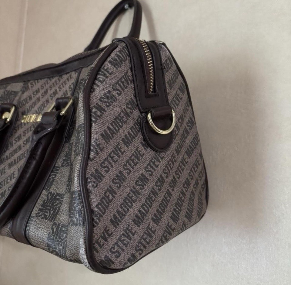Steve Madden Large Gray Logo Satchel Top Handle Zip Bag w/ Strap, Studs