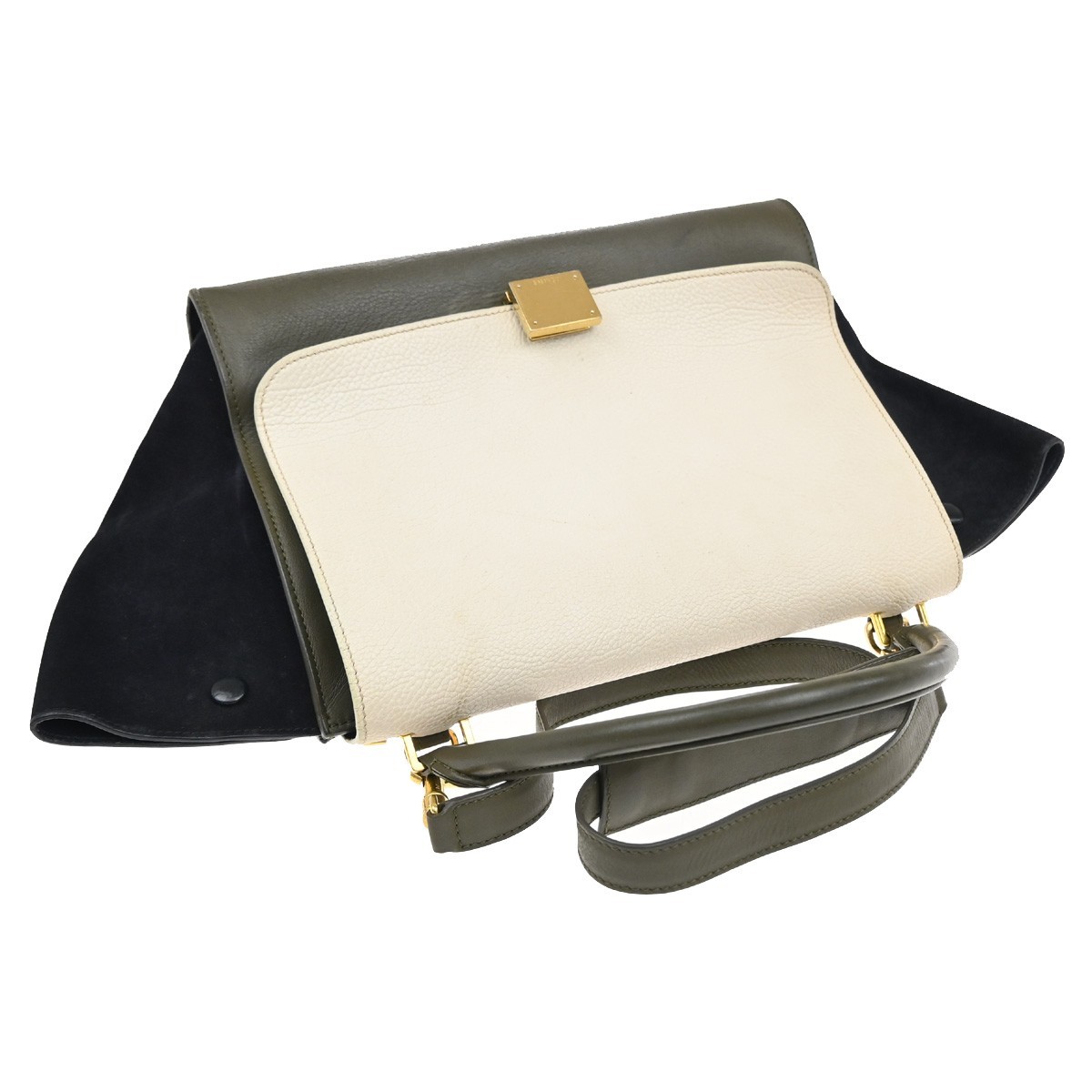 CELINE Trapeze Tricolor 2way Shoulder Bag Leather Suede Khaki White Blue 87EG174