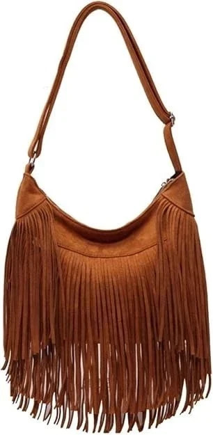 Women Vintage Suede Fringe Hobo Bag Tote Shoulder Crossbody A-brown