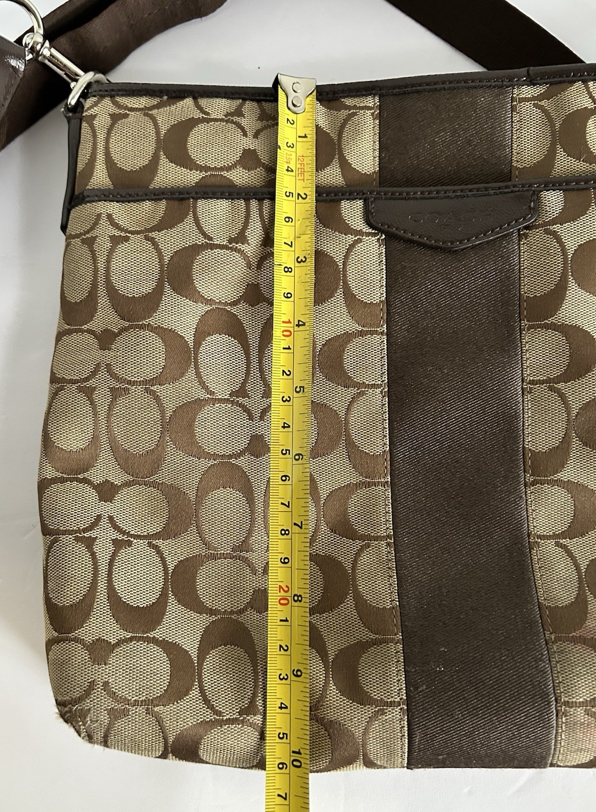 COACH Signature Stripe Bag Brown/Tan Adjustable Strap 11 1/2” X 10”