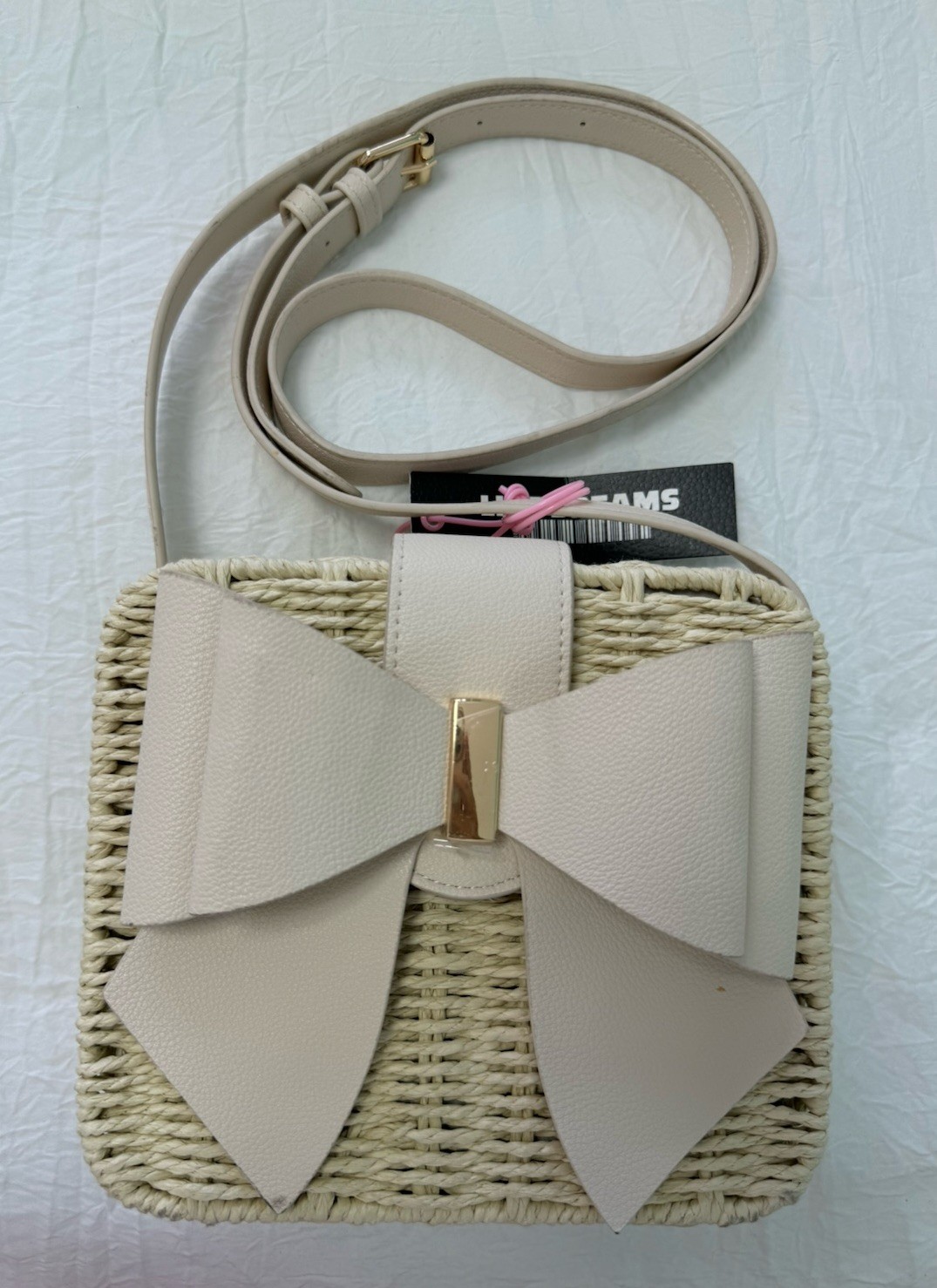 Like Dreams Beige Woven Crossbody Purse Bow Straw Rattan Bag Boho Chic Handbag