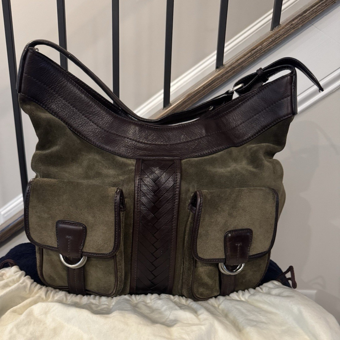 Cole Haan Green/Brown Hobo Shoulder Bag Buckle Accent Silver Hardware Dust Bag