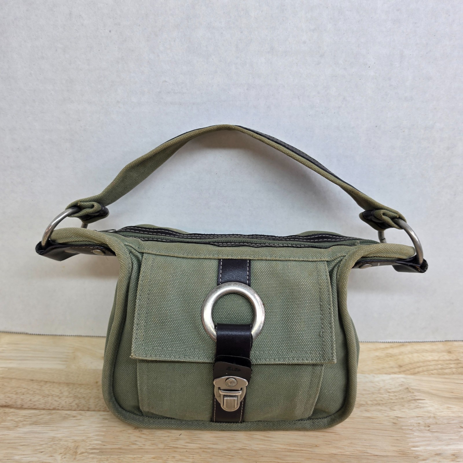 Y2K American Eagle Outfitters Green Canvas Shoulder Bag Buckle Flap Silver Ring