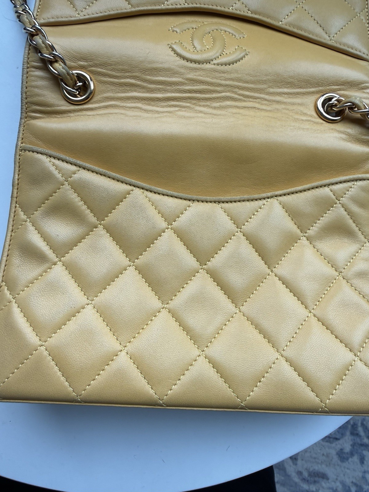 CHANEL Vintage 1990s Quilted Lambskin Envelope Flap Shoulder Bag Mustard Yellow