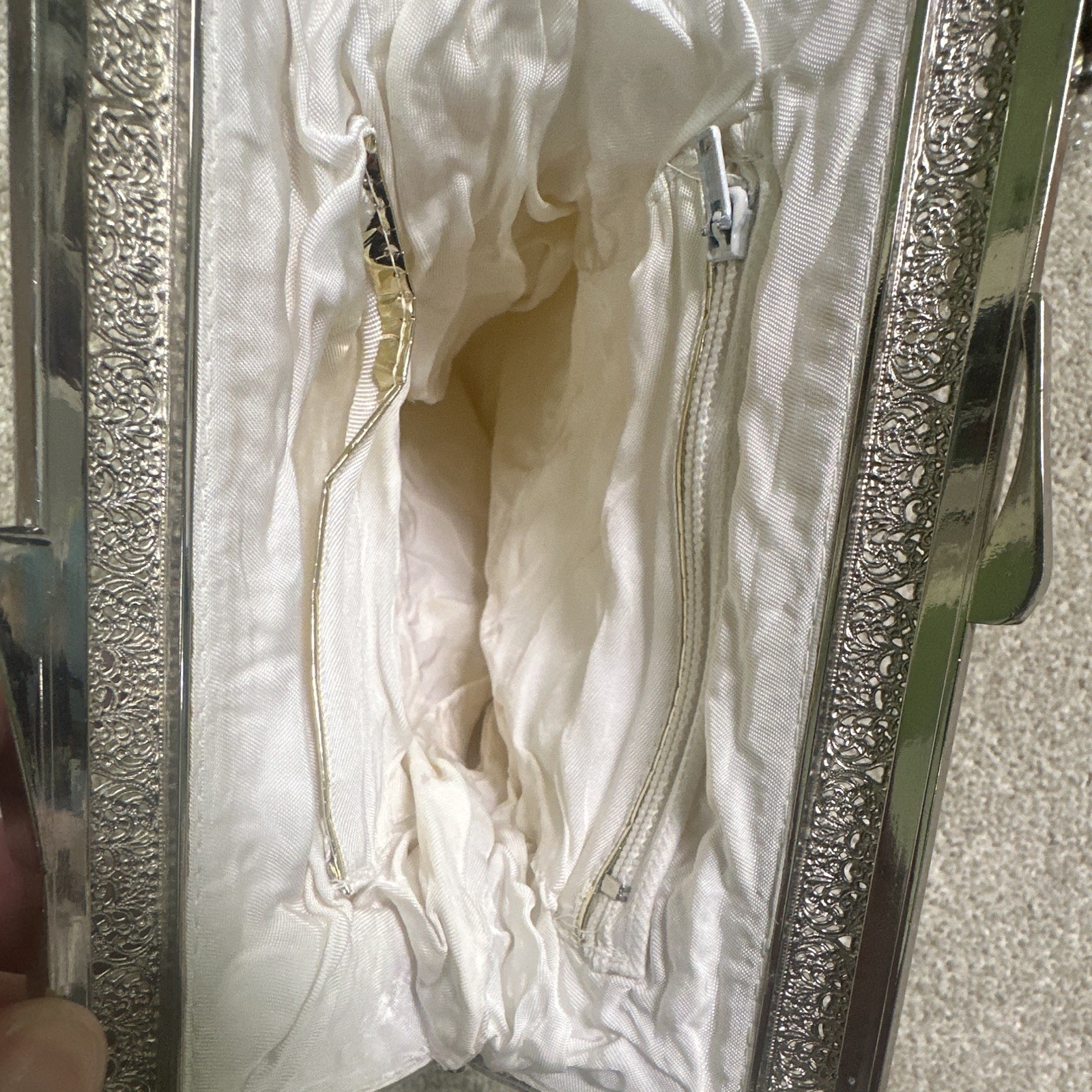 Vintage iridescent White Beaded Top Handle Evening Bag, Silver Tone Frame