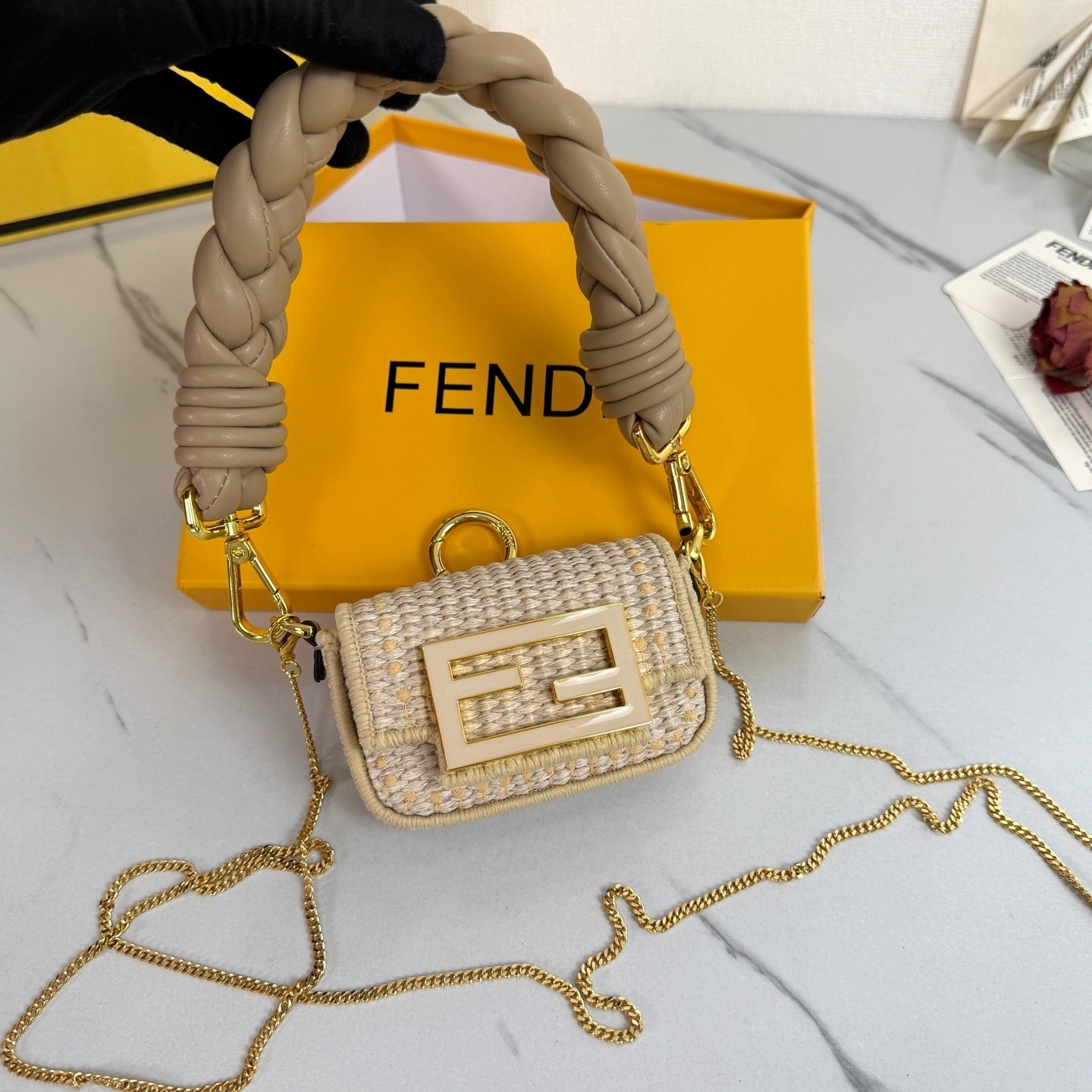 Fendi Nano Baguette Raffia Mini Crossbody Bag Beige Woven Leather Gold Chain