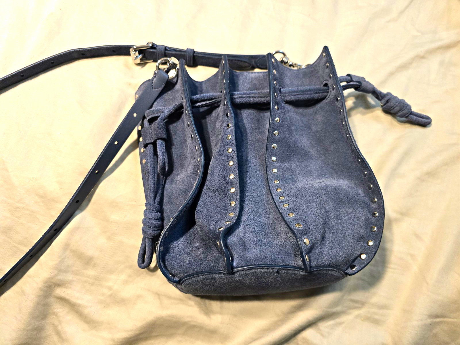Rebecca Minkoff Women’s Blue Small Studded Bucket Drawstring Crossbody Silver