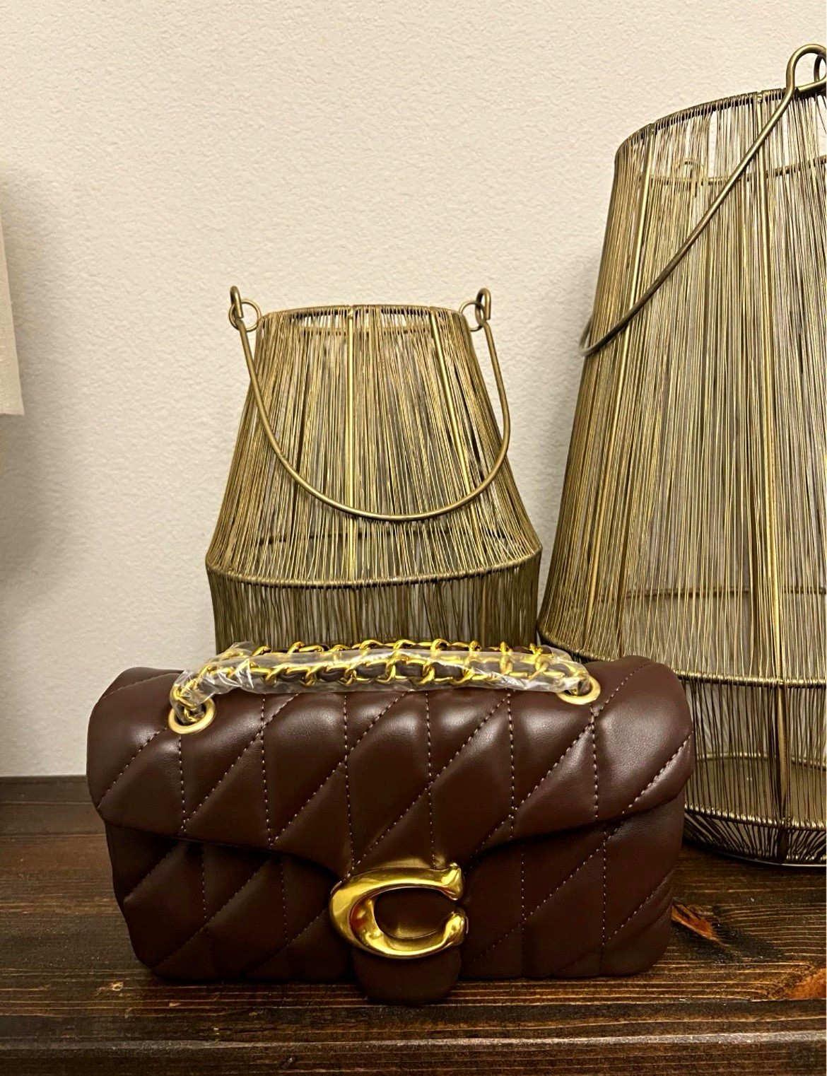 Coach Women’s Small Quilted Brown Shoulder Bag Gold Chain Strap Turn Lock Zip