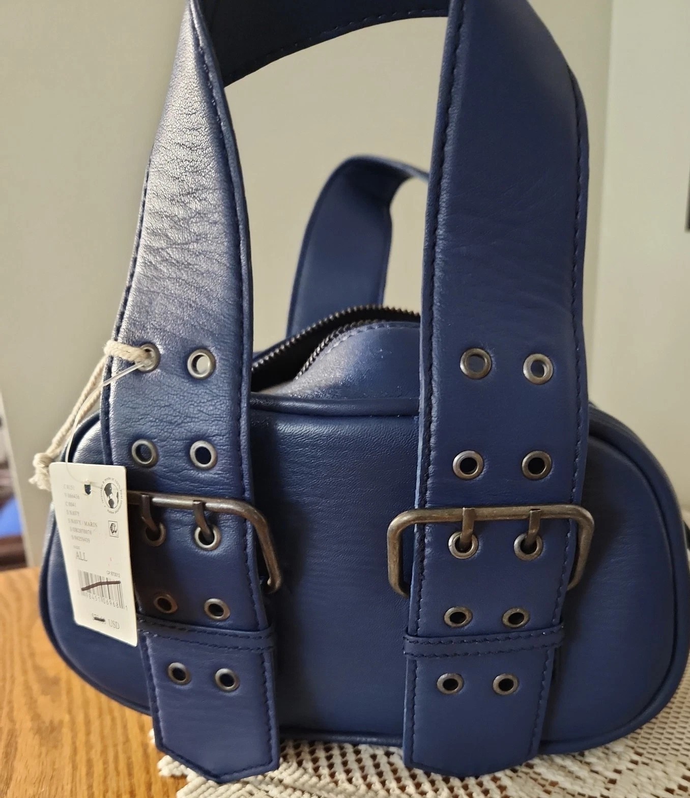 Free People Say Yes Bag Tote Handbag Small Oval Royal Blue Leather Buckle Zipper
