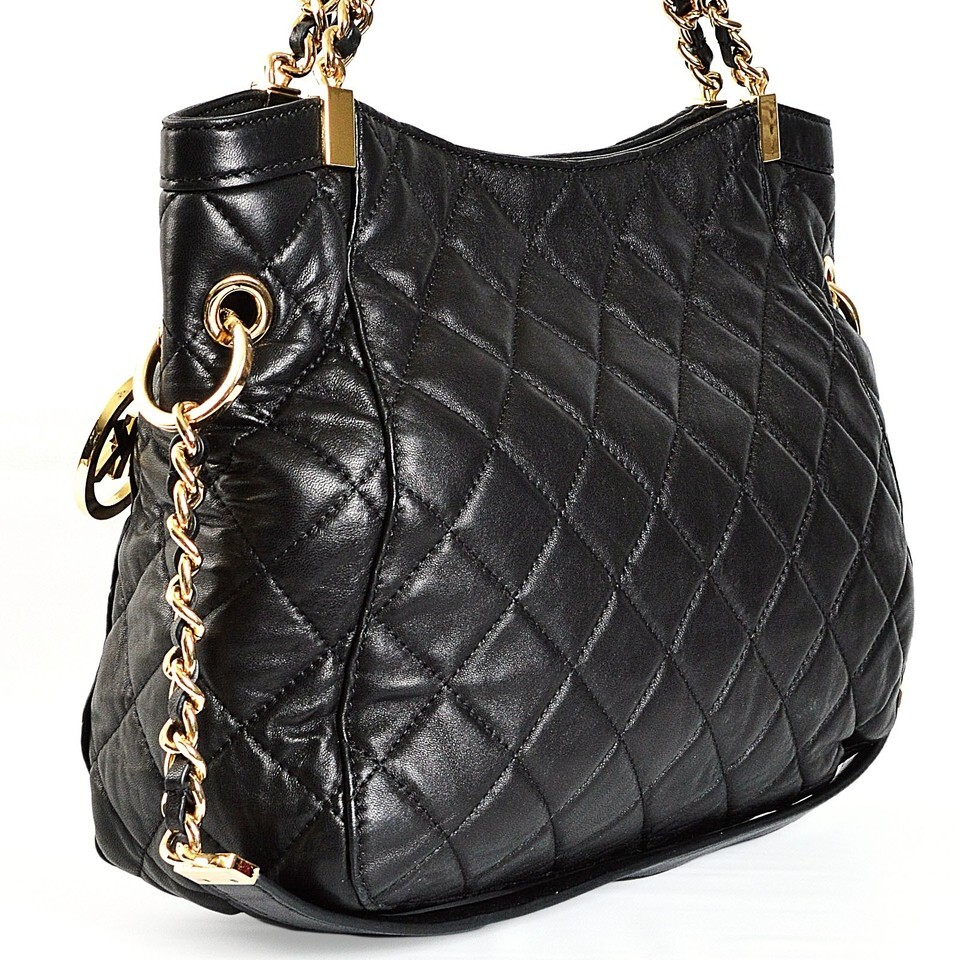 🌞MICHAEL KORS SUSANNAH BLACK QUILT LEATHER GOLD LOGO MEDIUM SHOULDER BAG🌺NWT!
