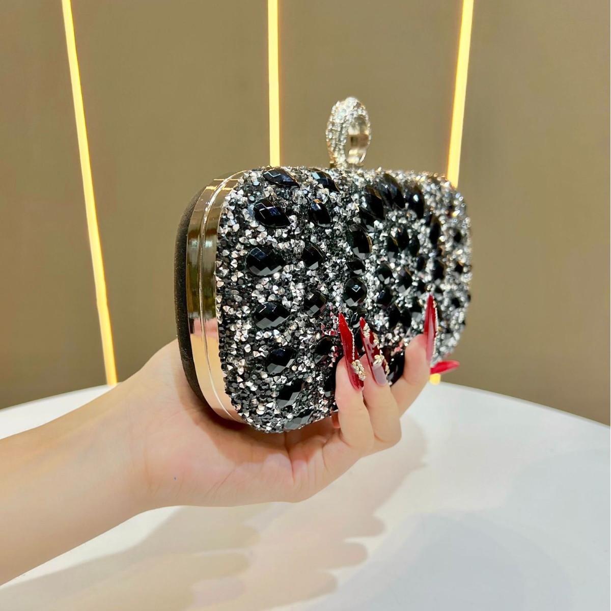 Glittering Diamond Accent Square Clutch Bag with Chain Strap for Evening or