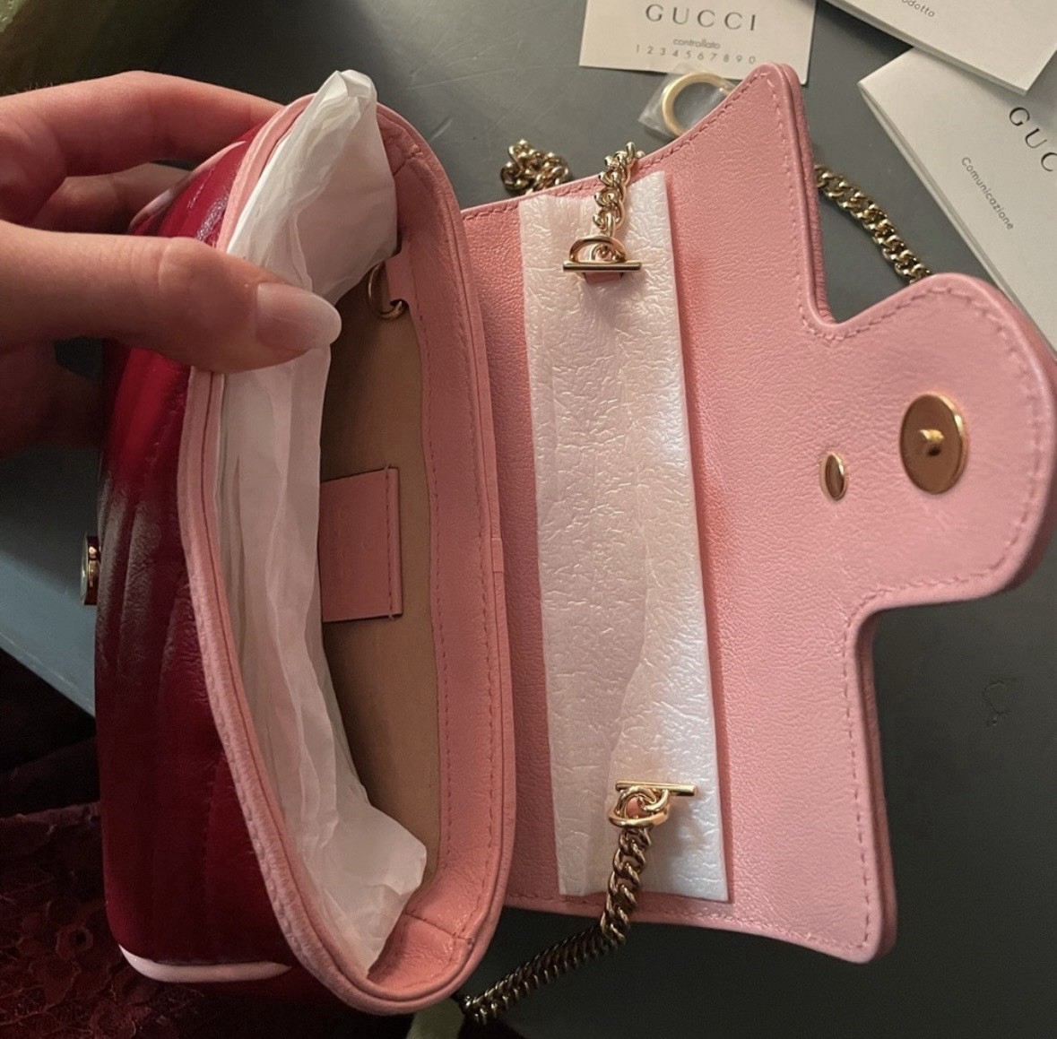 Rare GUCCI Marmont Super Mini Burgundy Red and Pink Orchon Azal Cross Body Purse