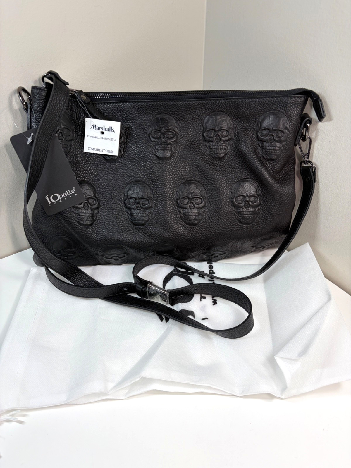 New IO PELLE Italian Black Leather Skull Embossed 14” Crossbody Purse Clutch Bag