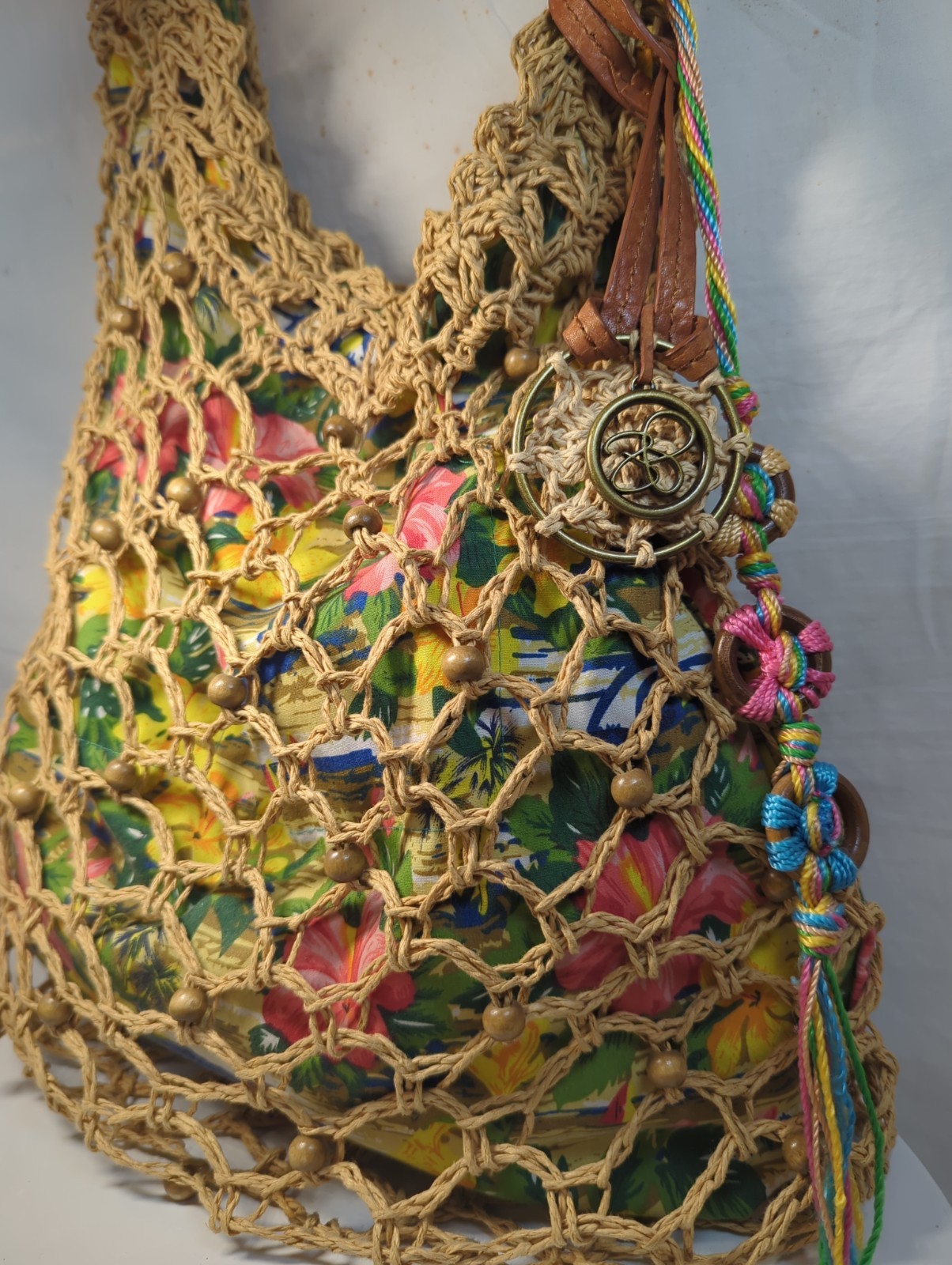 Raffia Weave Cotton Lined Crossbody Bag Charms Boho Hippie Slouchy Sling Purse