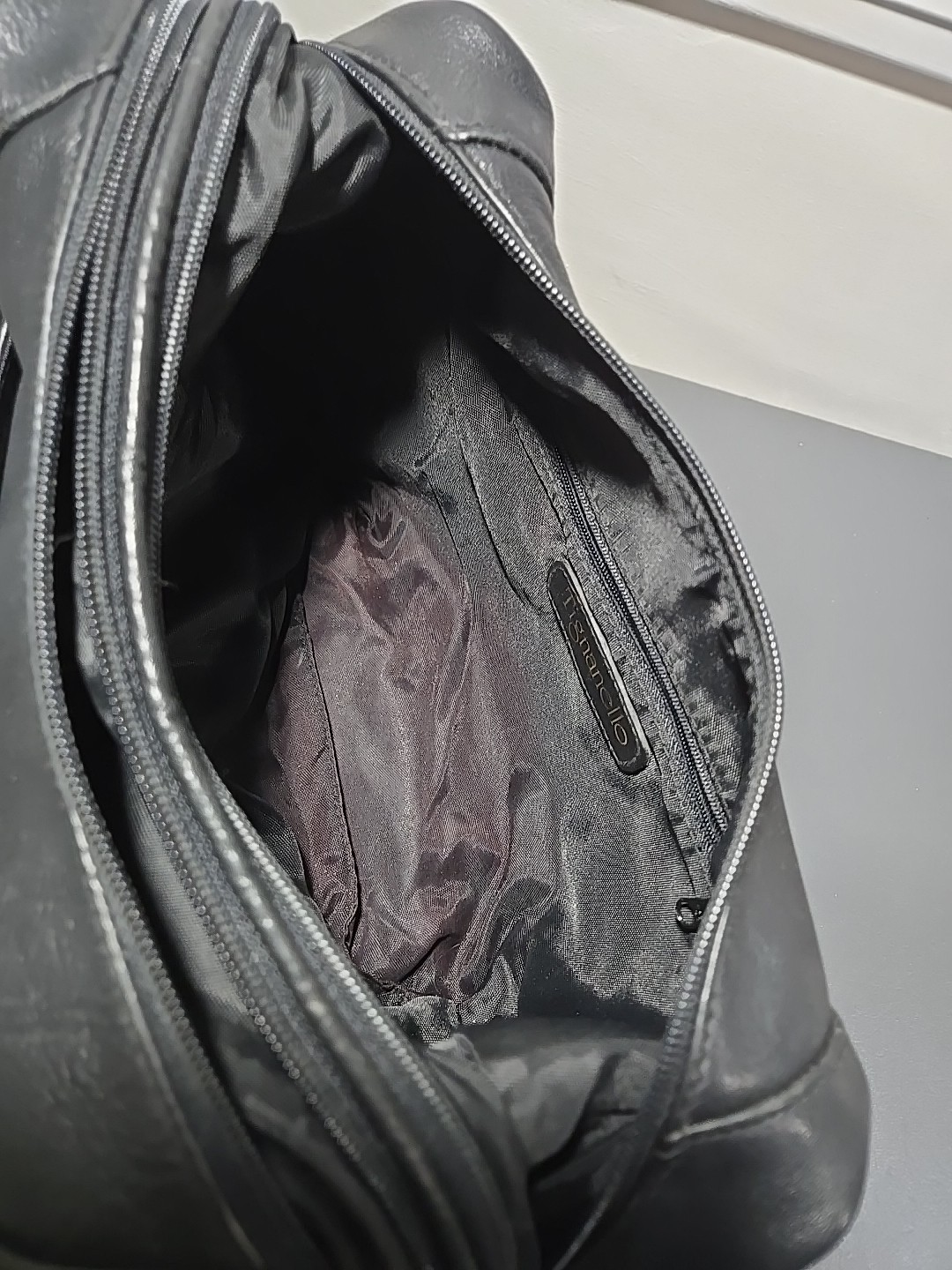 Tignanello Leather Double Zip Hobo Shoulder Bag Black with Brown Trim and Tassle