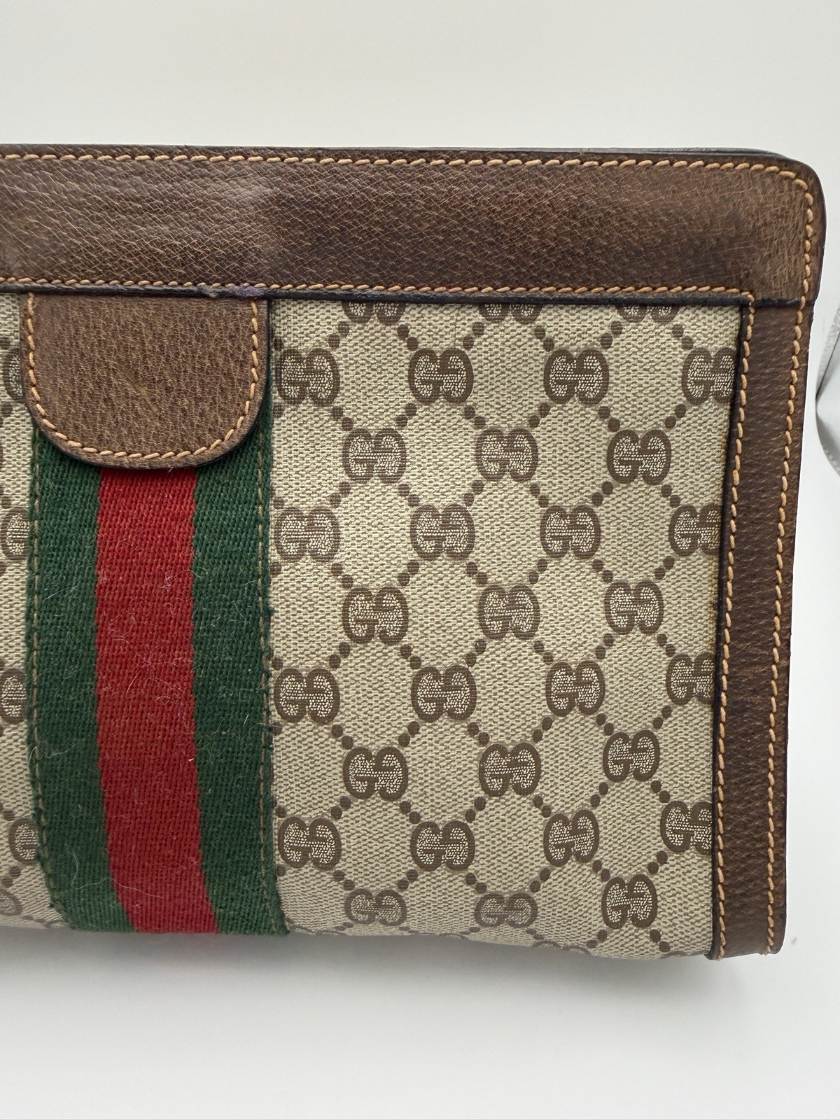 Authentic Gucci Vintage GG Supreme Clutch Web Stripe PVC Brown Classic