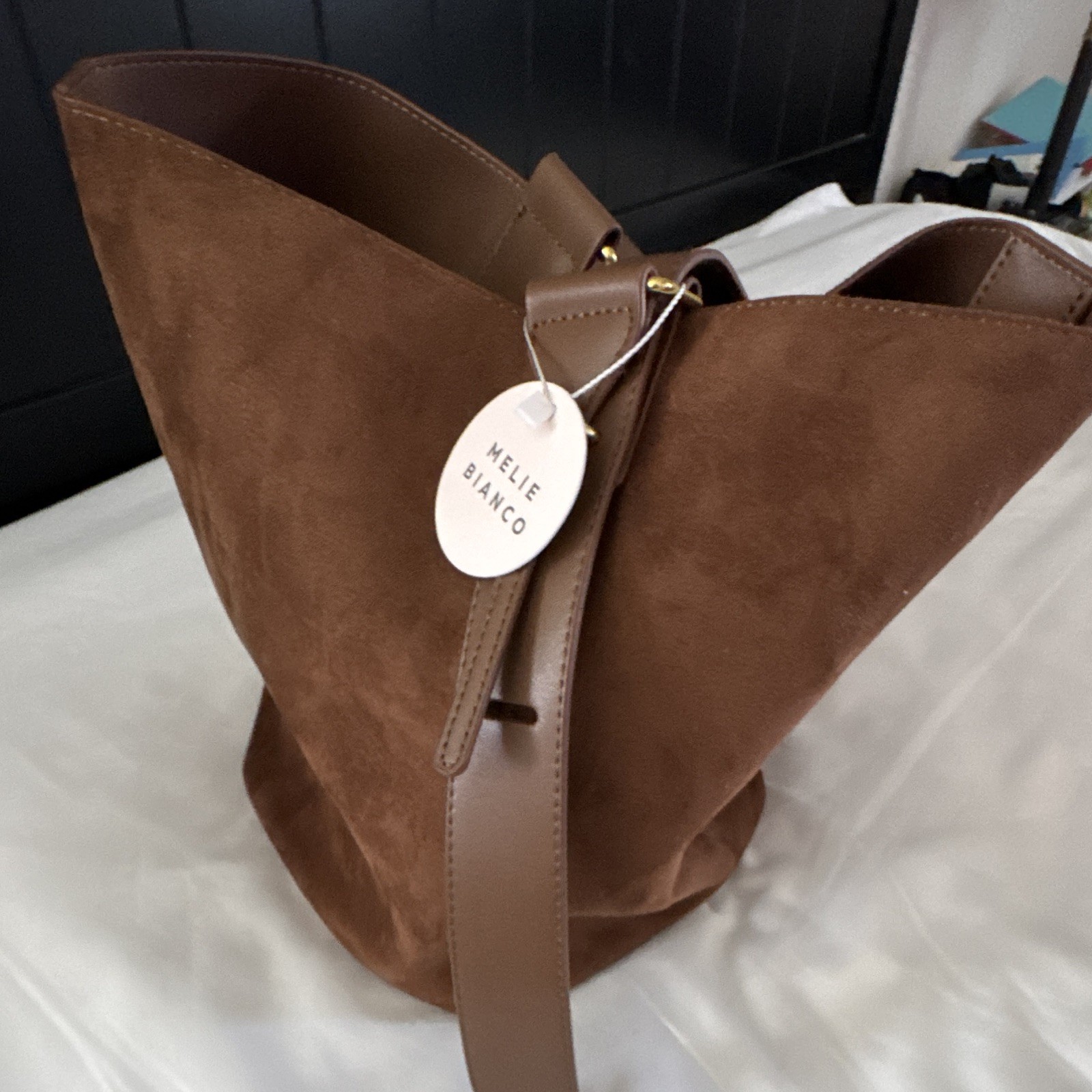 Melie Bianco/Anthropologie Brown Medium Crescent Shoulder Bag. Vegan suede.