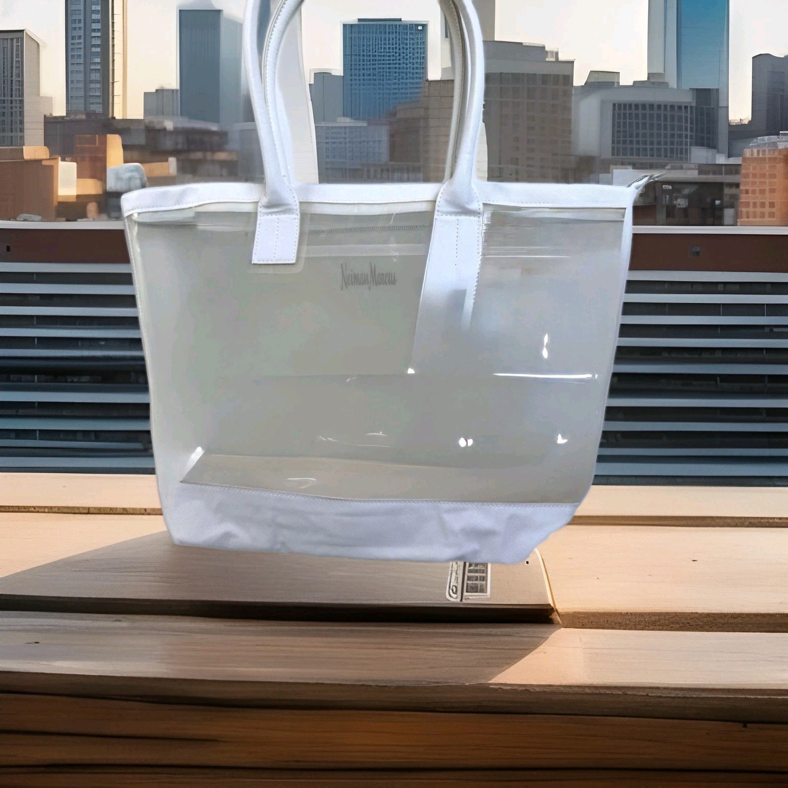 Neiman Marcus Clear PVC White Tote Bag With Zipper And Inner Pouch NEW