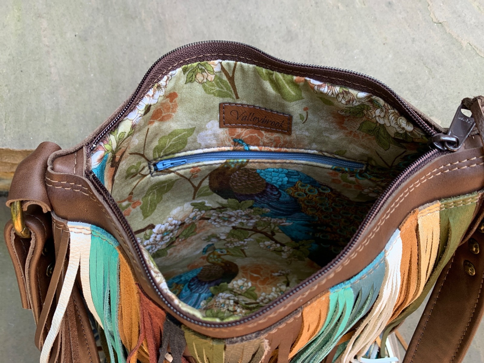 Brown leather rainbow festival boho Southwest LONG fringe crossbody bag USA