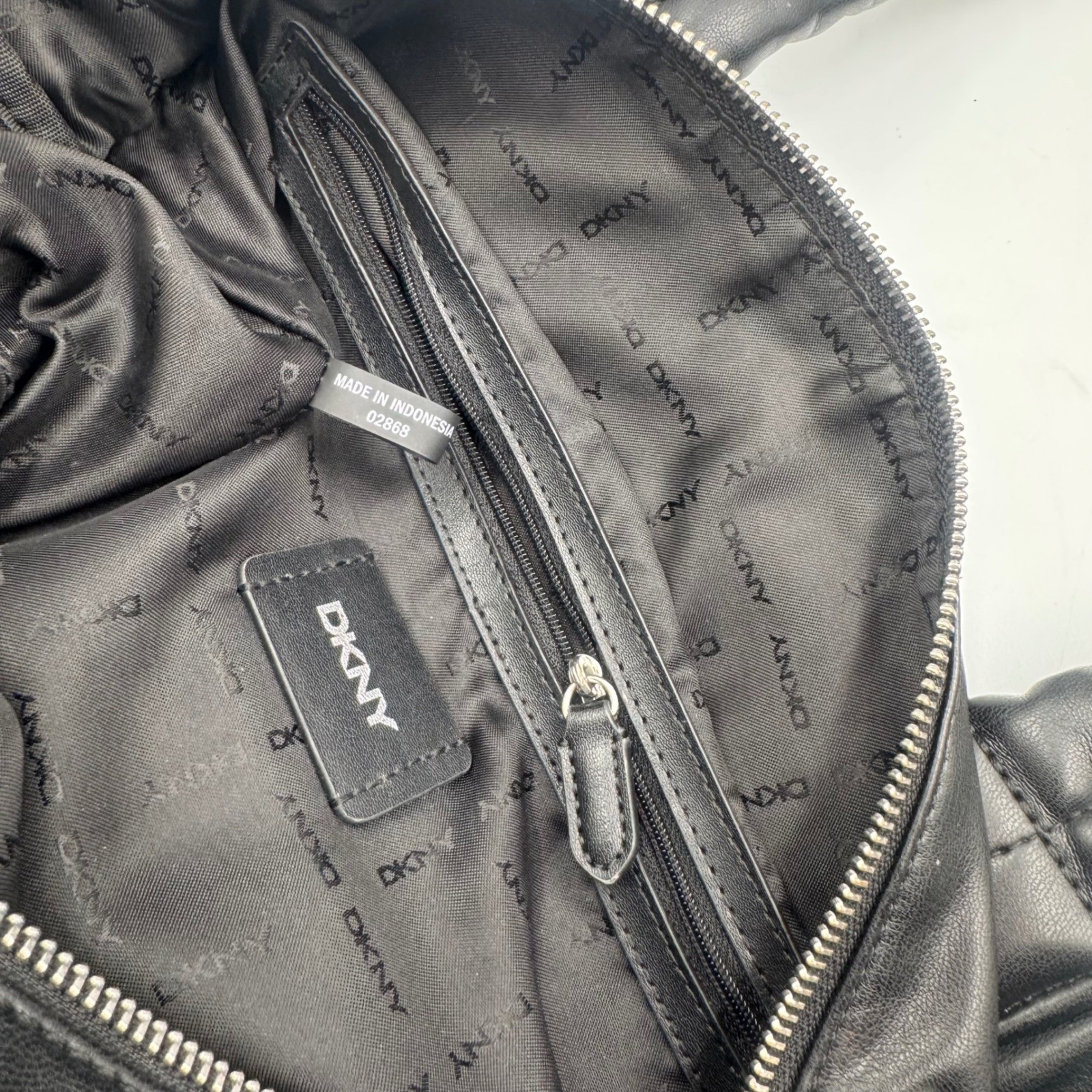 DKNY Black Quilted Puffer Tote Bag Padded Faux Leather Shoulder Bag Silver Logo