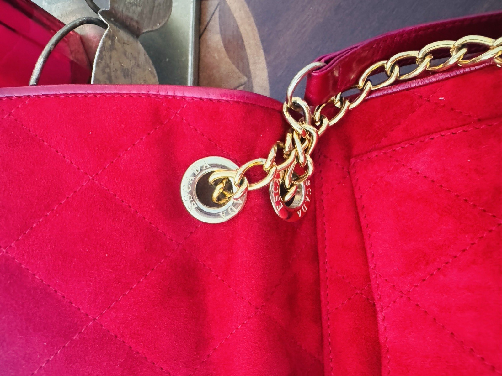 Escada Shoulder Bag ~ Red Suede Bag Gold Tone Hardware ~ Leather Trim Chain Link
