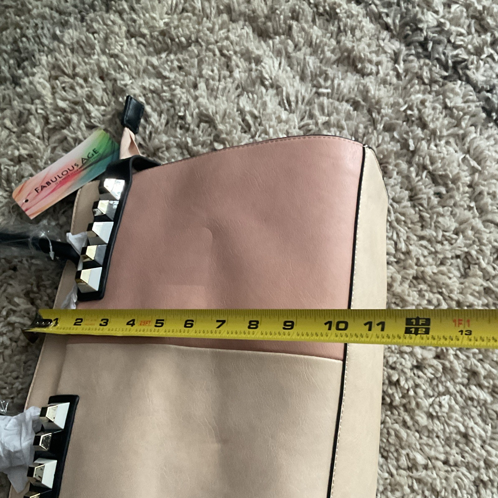 Fabulous Age Beige Pink Colorblock Studded Satchel Top Handle Zip Dust Bag