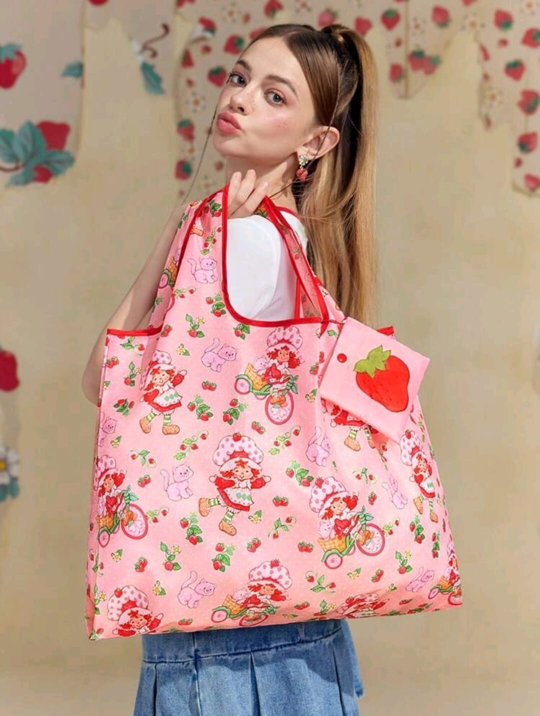 Strawberry Shortcake Bag Shopping Travel Foldable Fashion Pink Girl Gift New