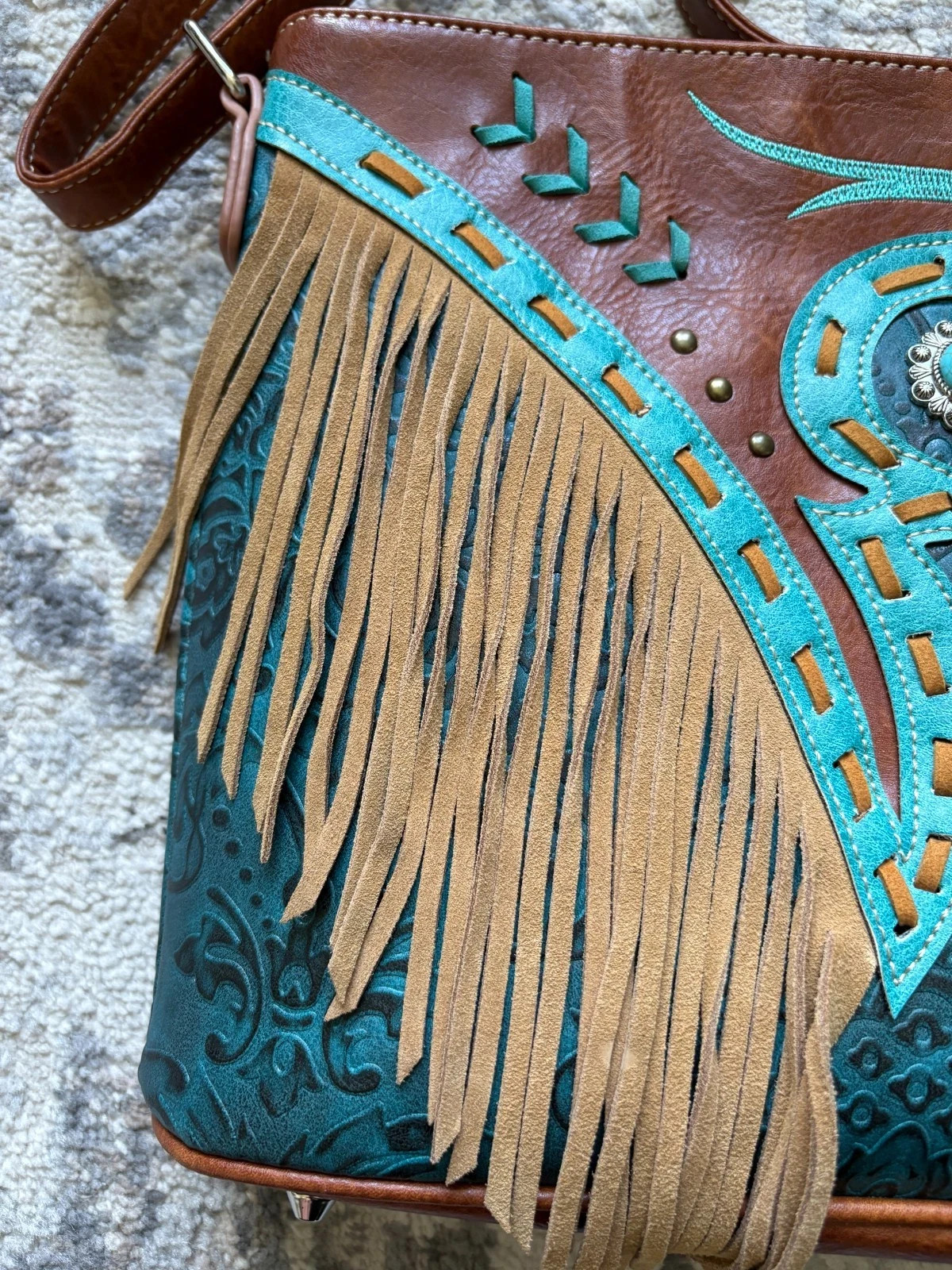 WESTERN – COWGIRL Fringe Cross Body PURSE Brown Turquoise CONCEAL CARRY Bag