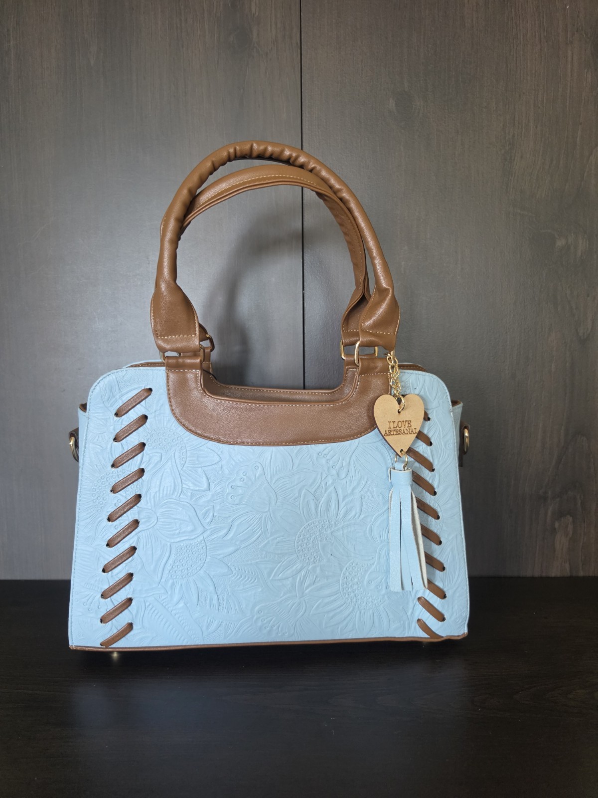 Baby Blue Brown Floral Stitched Embossed Tooled Artisan LEATHER Purse Crossbody