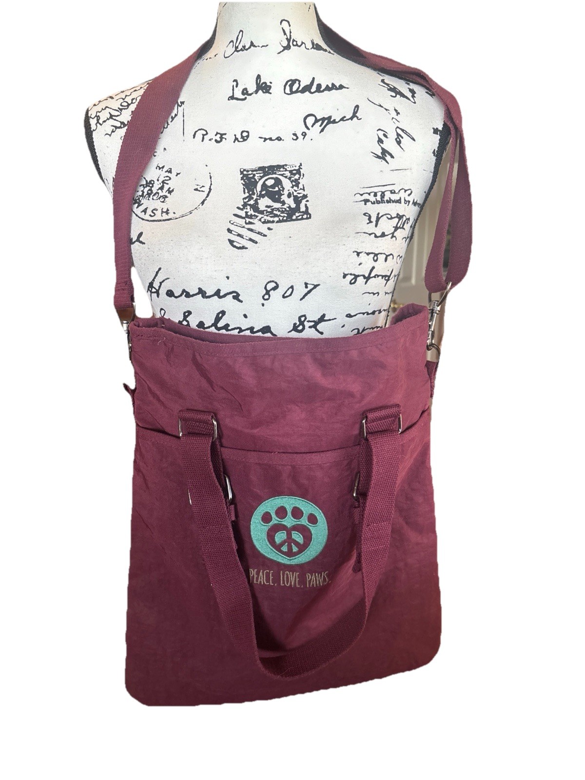 Peace, Love, & Paws Burgundy Nylon Crossbody Tote Purse By District
