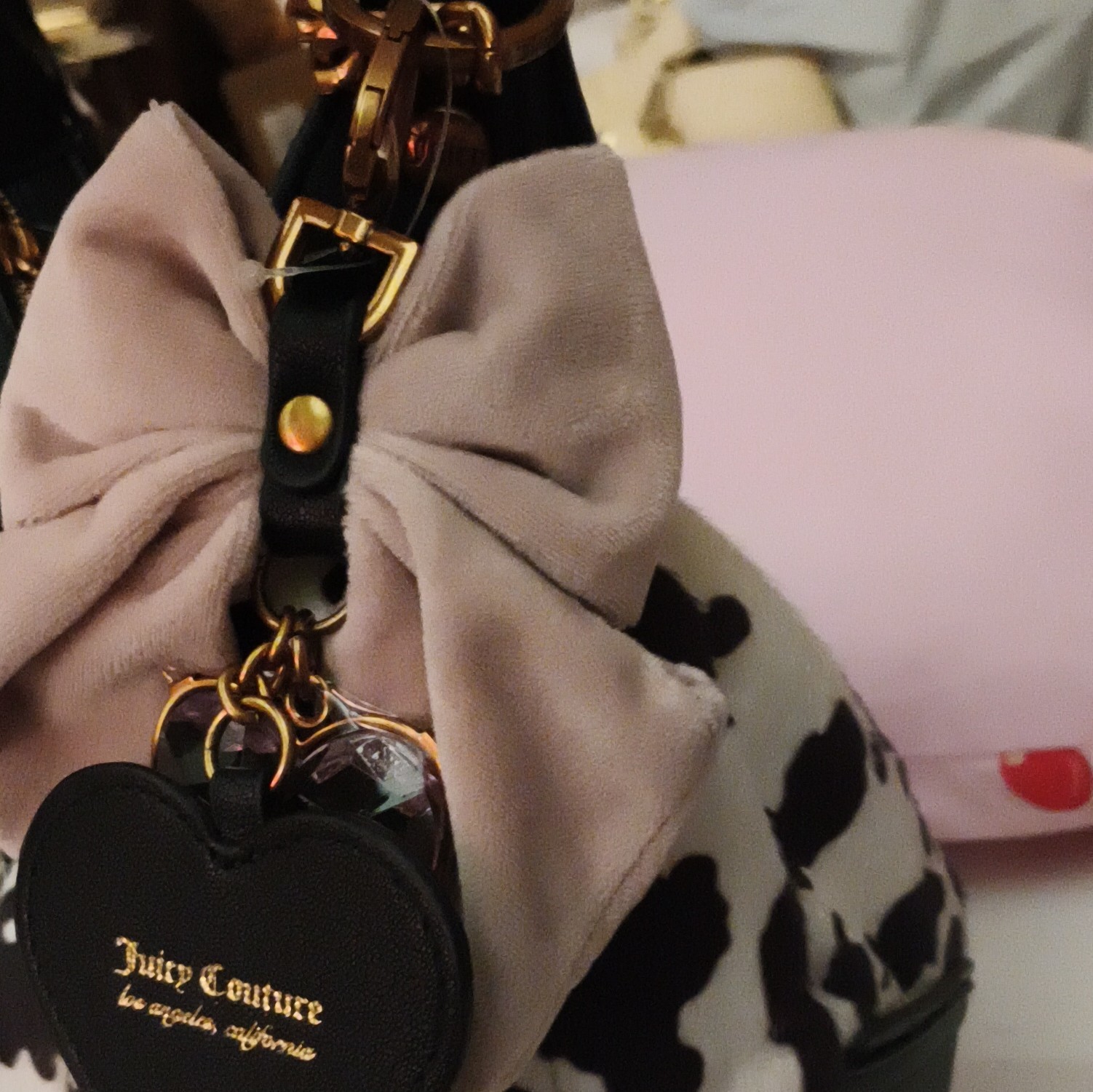 Juicy Couture Black White Cow Print Shoulder Bag Zip Bow Heart Charm Gold
