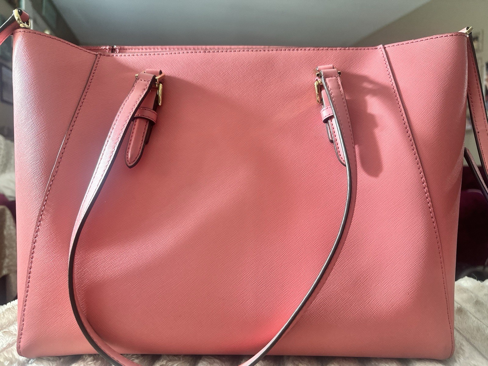 Michael Kors Pink Logo Tote Zip Top Gold Hardware w/ Charm Strap Pouch Wallet