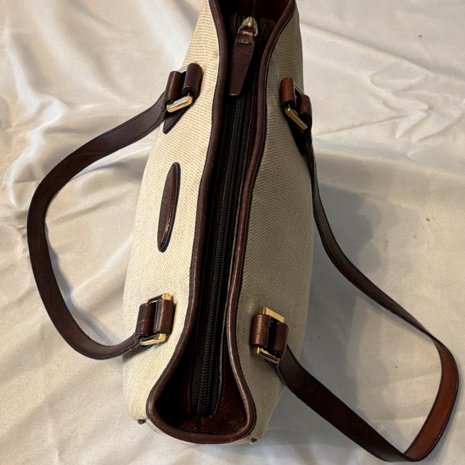 Oroton Sydney Beige Brown Tote Zip Top Pouch Gold Hardware Double Handles