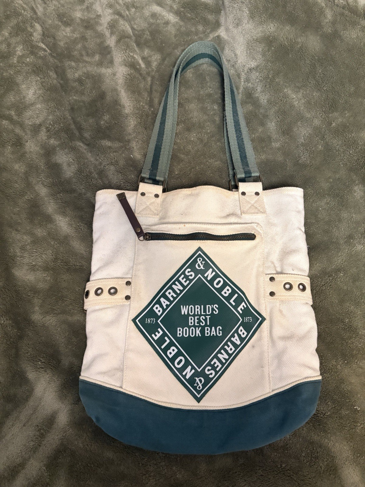 Barnes & Noble White/Blue Logo Tote Bag, Zip Closure, Lined, Pockets