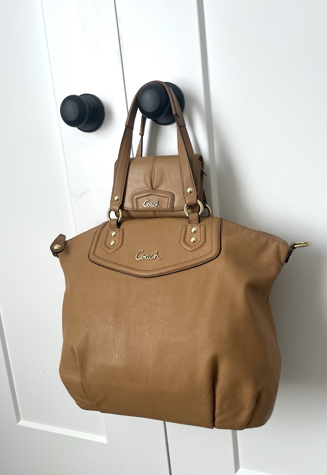 Coach Ashley Tan Leather Satchel Bag & Matching Wallet Set Purple Lining