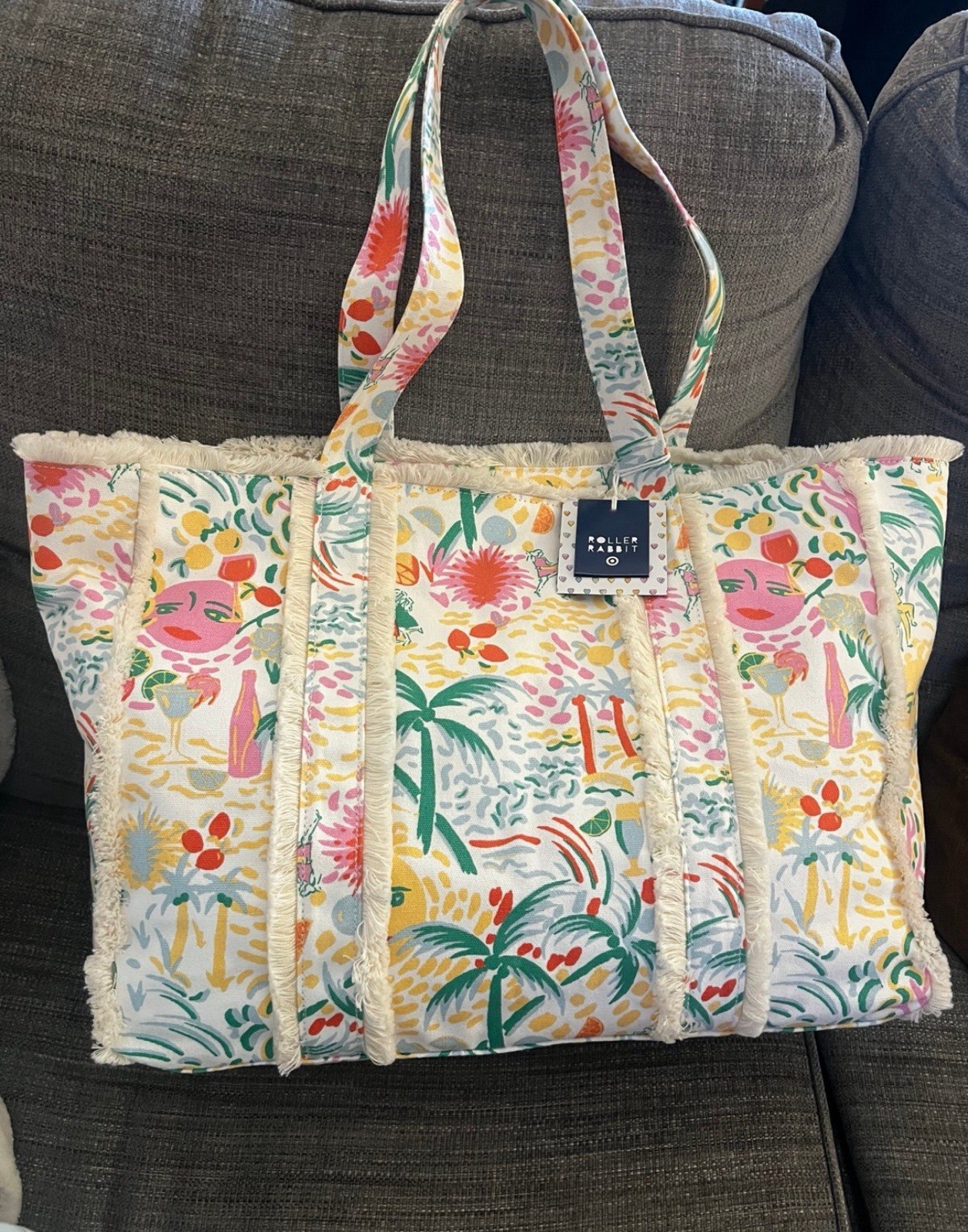 Roller Rabbit Multicolor Tropical Fringe Tote Bag Shoulder Strap Casual