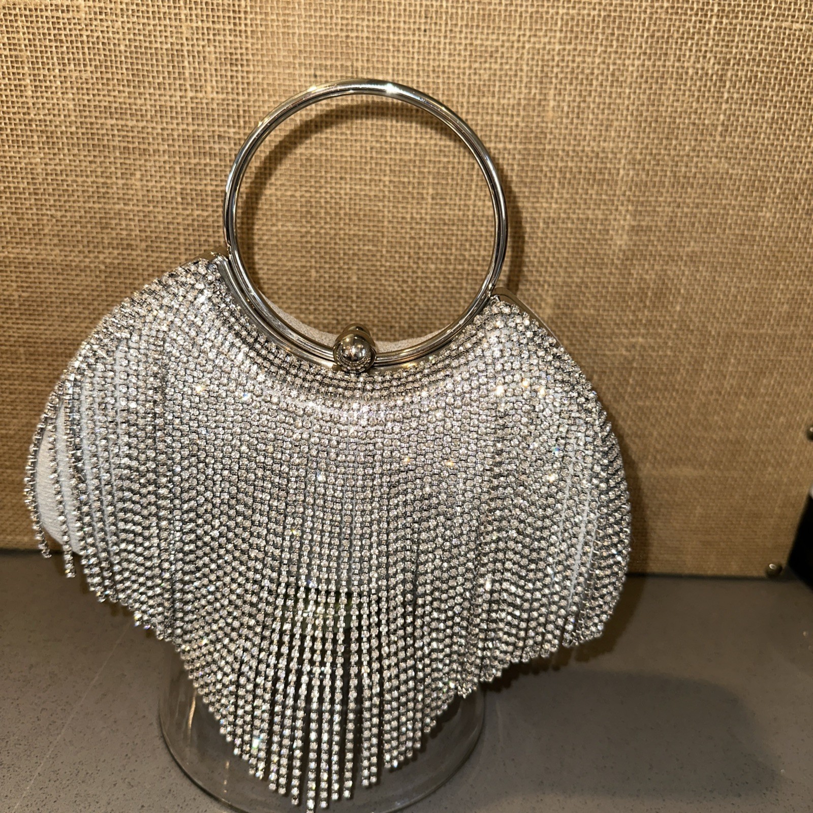 Silver-toned Rhinestone Fringe Clutch bag with a round Top Handle