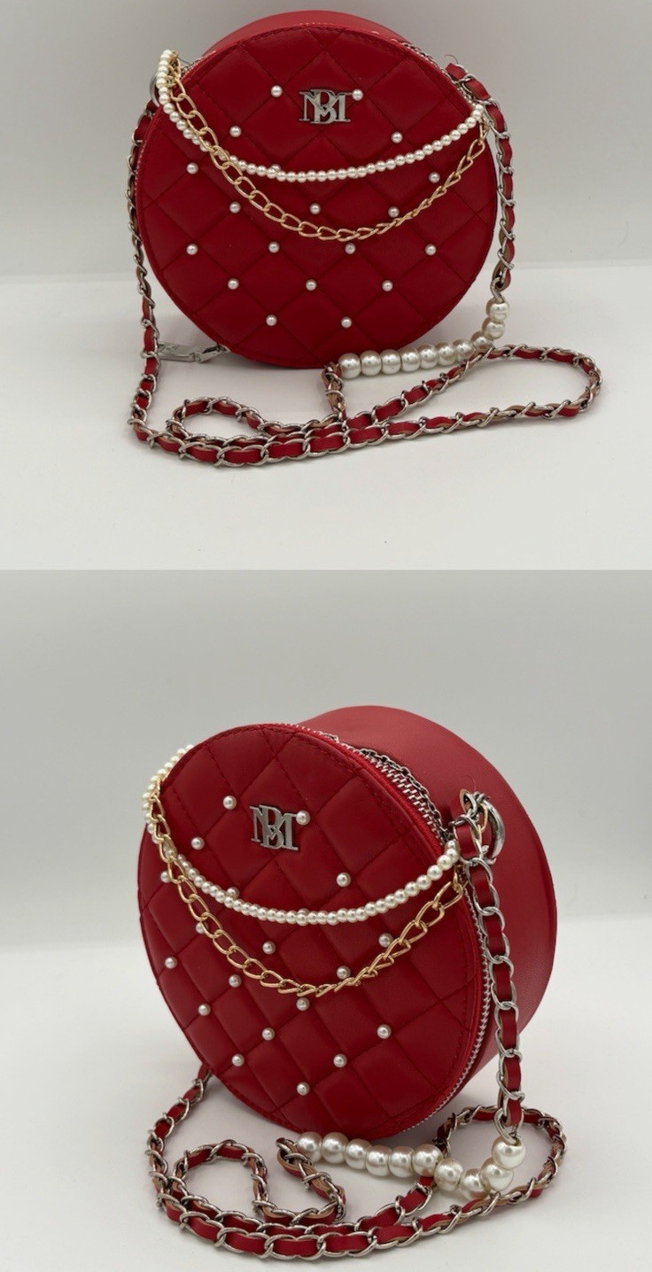 Women’s Red Round Quilted Crossbody Bag Pearl & Chain Accents Detachable Zip