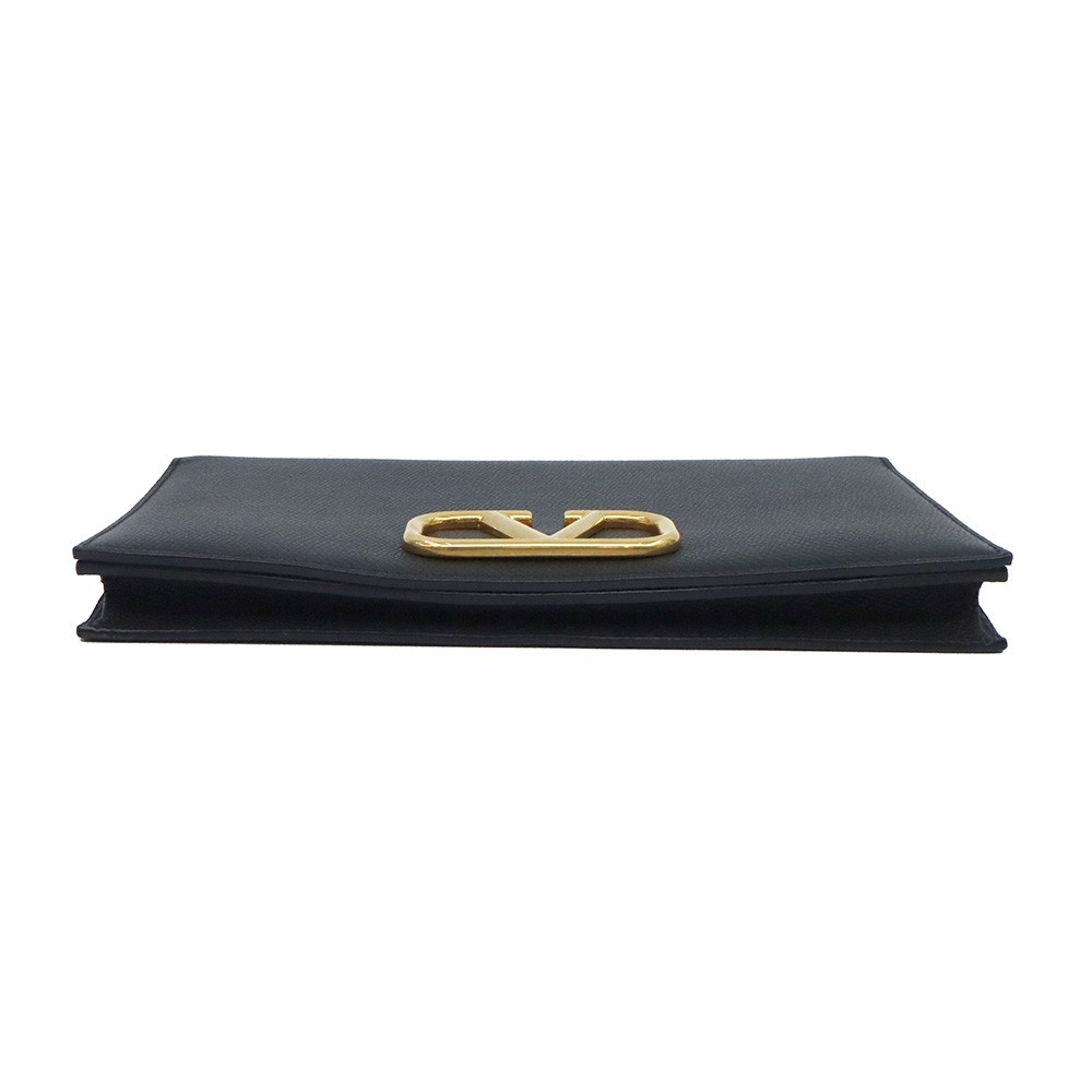 Valentino 822230290 Black Calf Gold V-Logo Flap Clutch