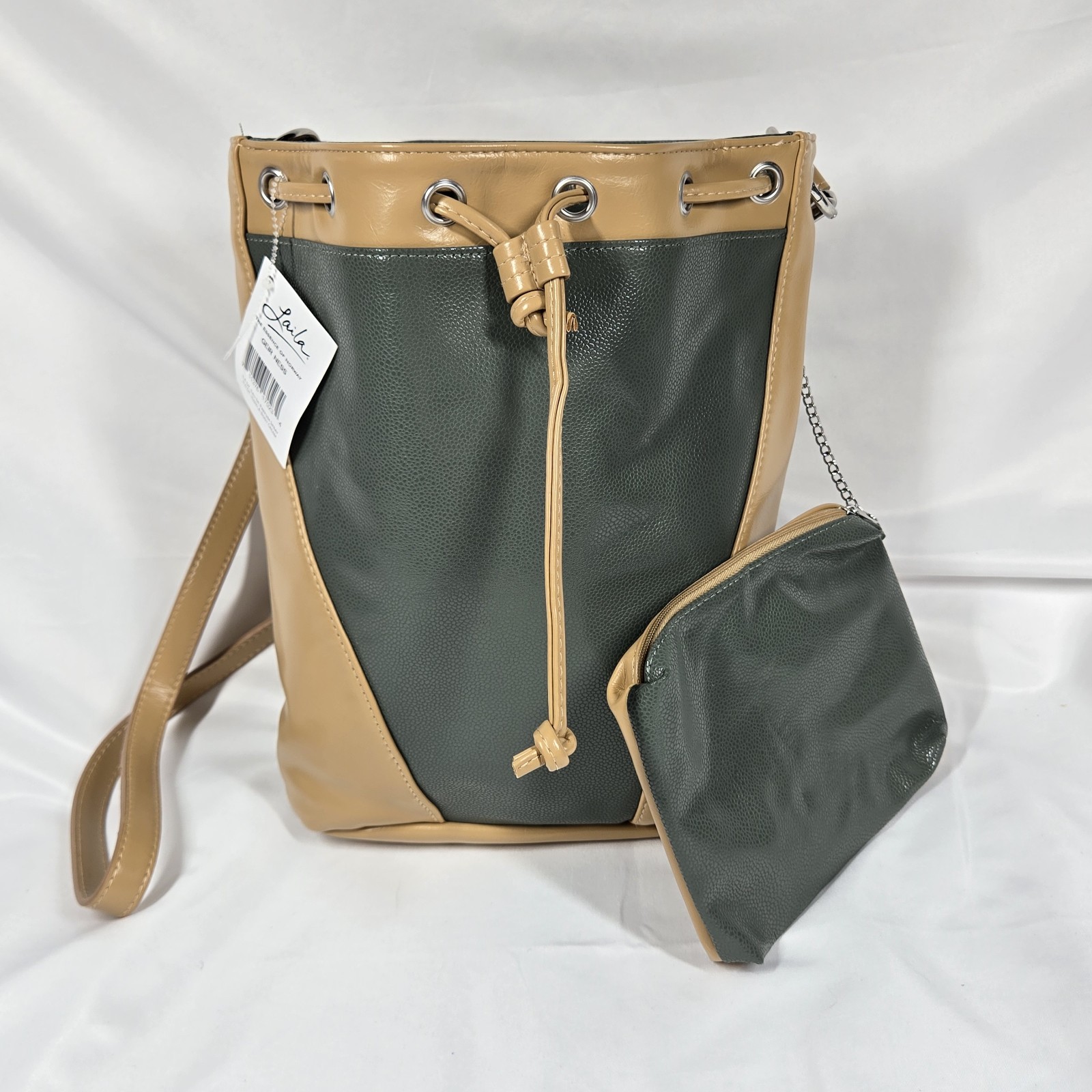 NWT GEIR NESS Laila Bucket Bag, Tan & Green Essence Of Norway Vegan Leather