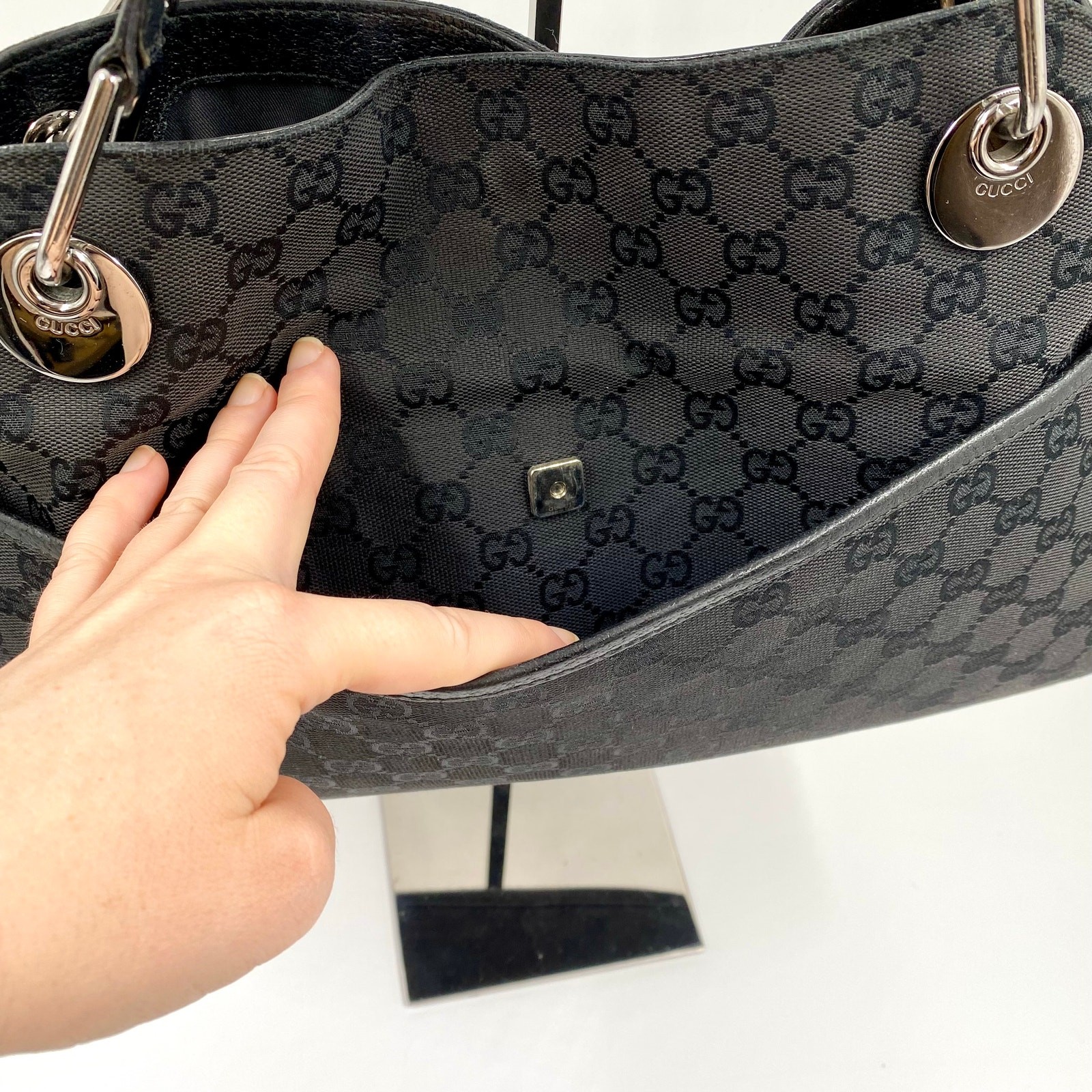 Gucci GG Monogram Eclipse Tote Bag Cloth Canvas Leather Trim Black Y2K Purse